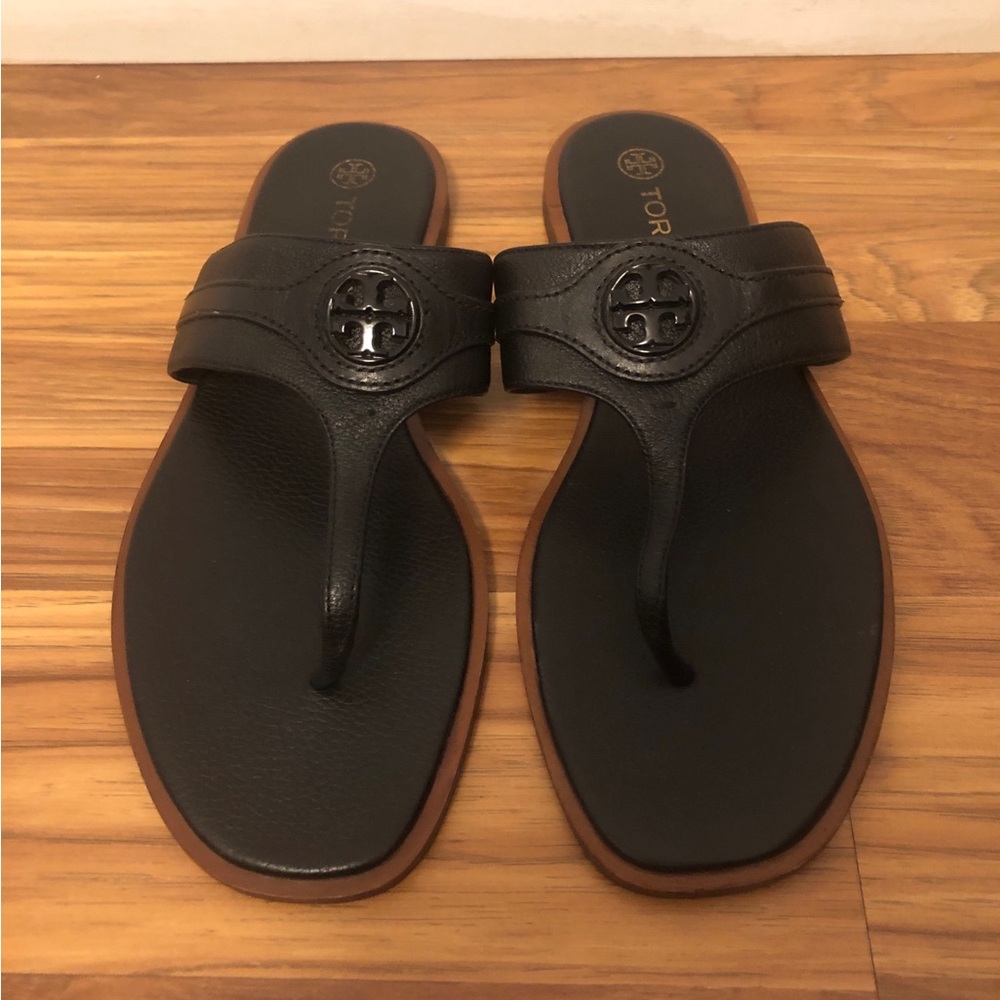 Tory Burch Black Leather Logo Thong Sandals with Brown Trim size 9.5